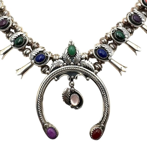 Native American M Haley Sterling Silver Gemstone Squash Blossom Necklace 100 GMS - Picture 3 of 15